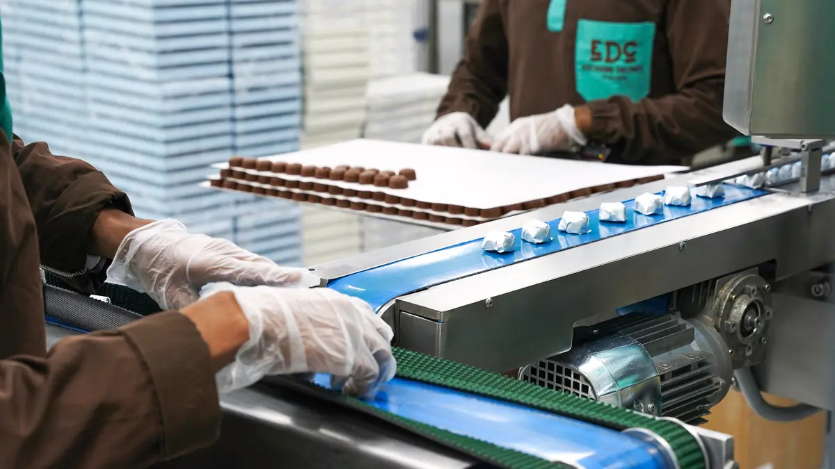 Wrapped chocolates on the wrapping machine conveyor