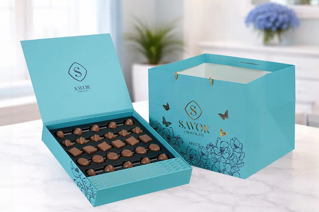 An open gift box showing its chocolates, beside the gift bag