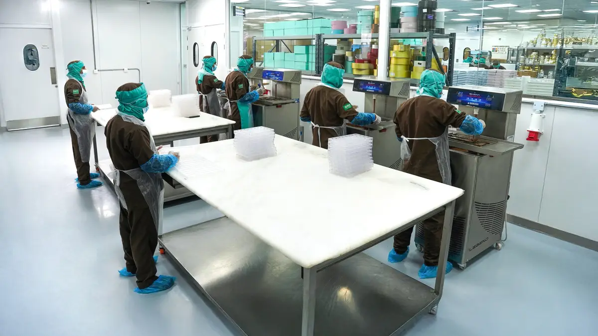 The production hall at the EDC factory: masked and hooded staff at the depositors around a white work table