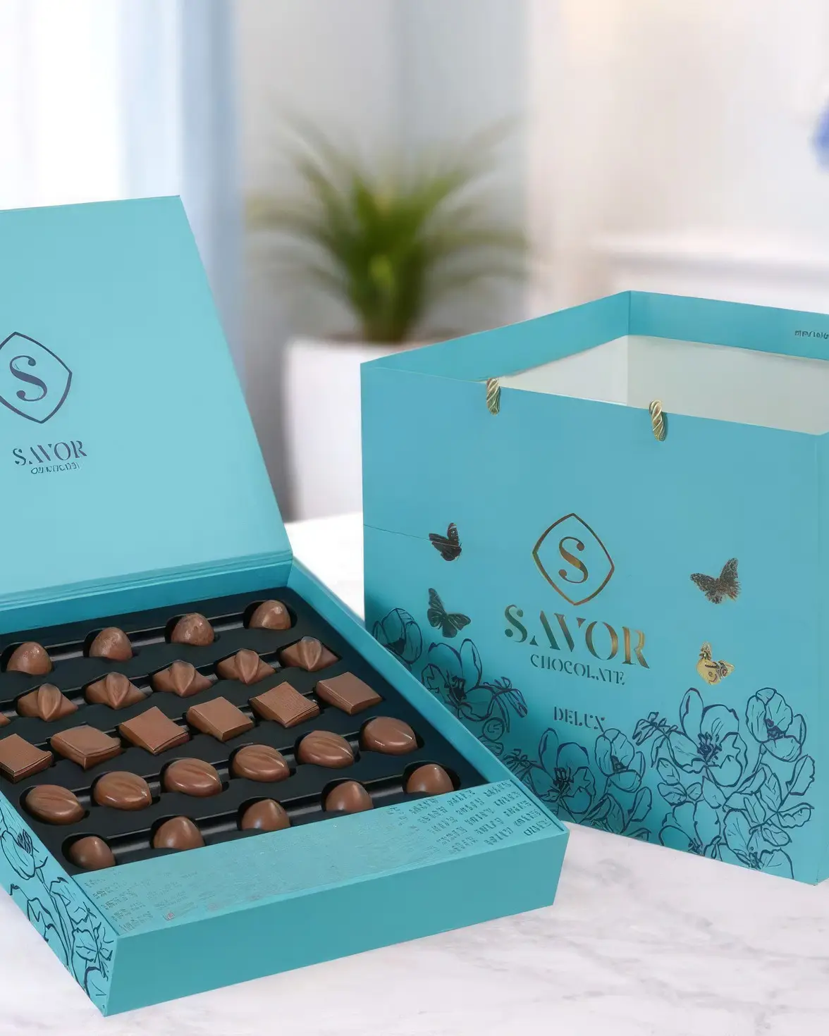 An open luxury box with its tray of chocolates, beside its gift bag