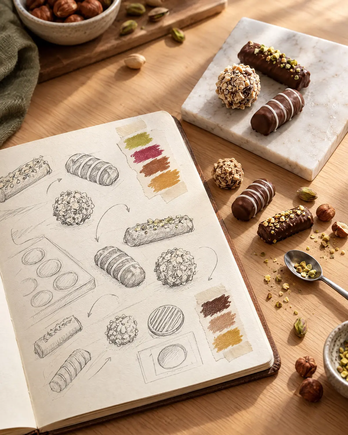 A chocolatier’s sketchbook with drawings of pieces and flavour swatches, beside finished chocolates of the same ideas