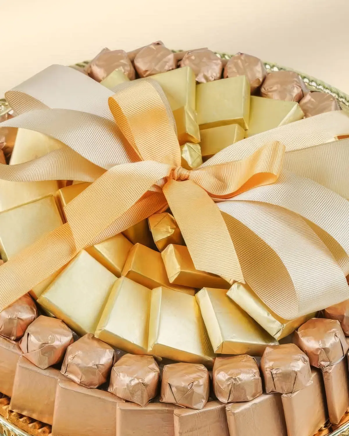 An oval gold serving tray of wrapped chocolates, finished with a ribbon