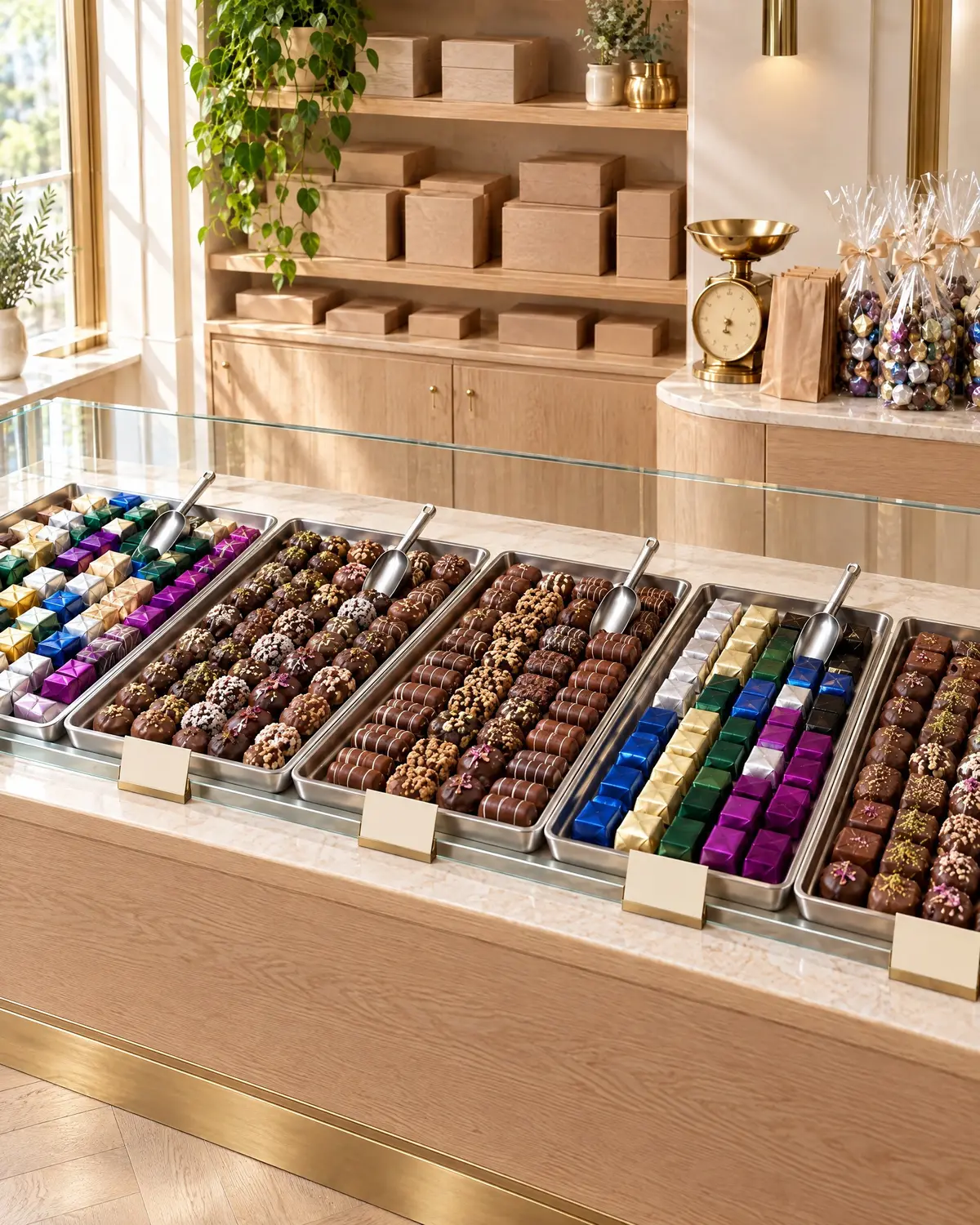 A boutique counter with trays of wrapped and unwrapped chocolates sold by the kilo, beside a brass scale and cellophane bags