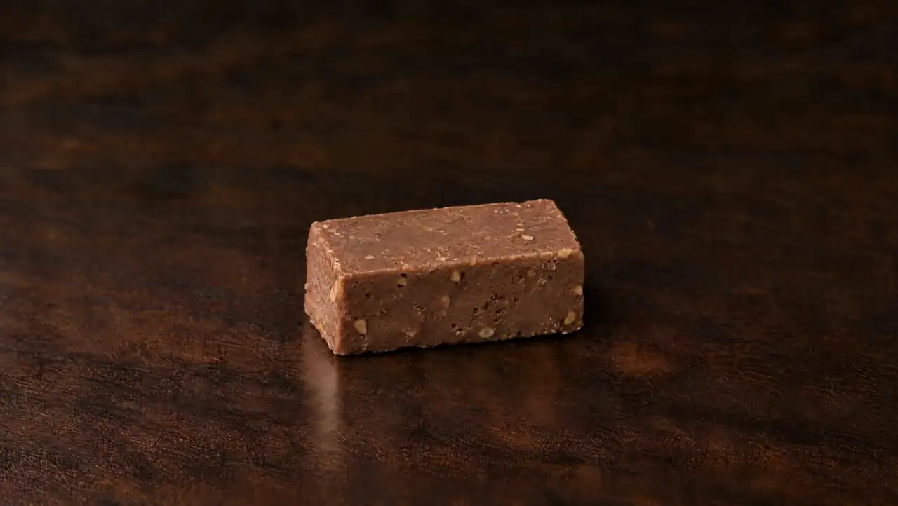 Covered Chocolate: Hazelnut praline piece with a caramel layer, dipped in chocolate and topped with a cocoa truffle. The piece is built in front of you: hazelnut praline base, then thread of caramel, then veil of chocolate, then cocoa truffle crown.