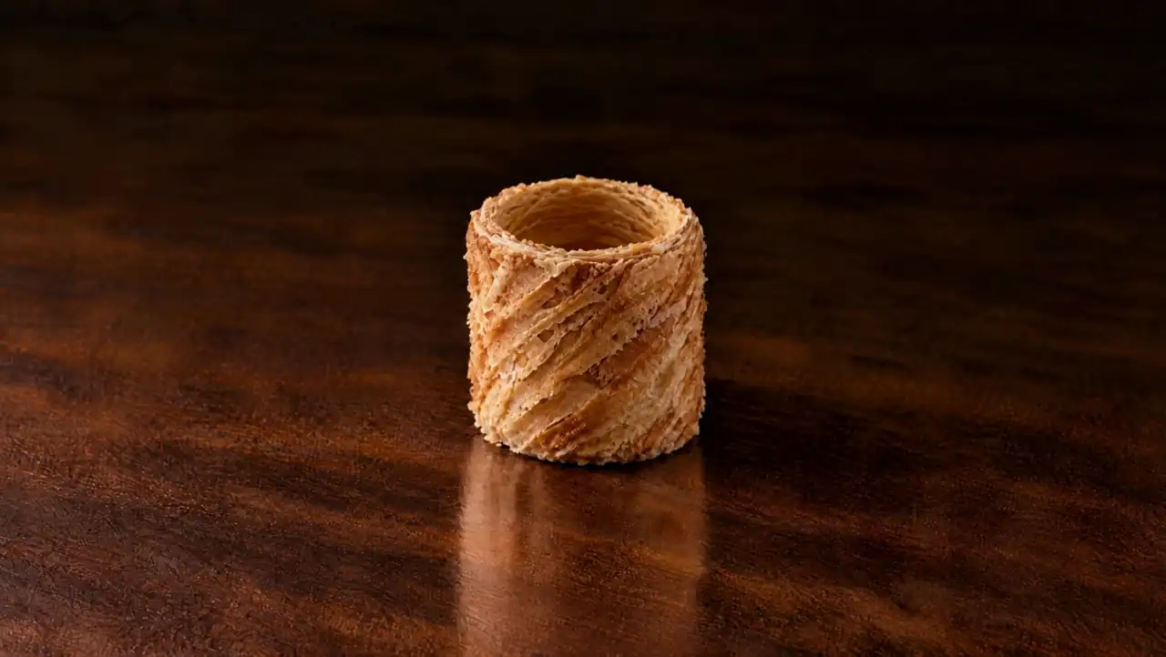 Crêpe Dentelle & Biscuit Rolls: Crêpe dentelle roll coated in chocolate, golden kunafa and crushed pistachio. The piece is built in front of you: biscuit roll, then pistachio cream filling, then smooth chocolate coat, then golden kunafa and pistachio.