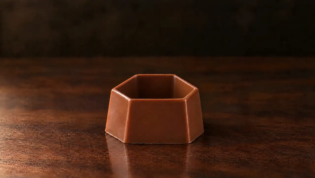 Unwrapped Chocolate: Hexagonal chocolate with pistachio cream, a chocolate cap and a pistachio crumble ball. The piece is built in front of you: delicate hexagonal shell, then heart of pistachio cream, then chocolate seal, then crisp pistachio pearl.