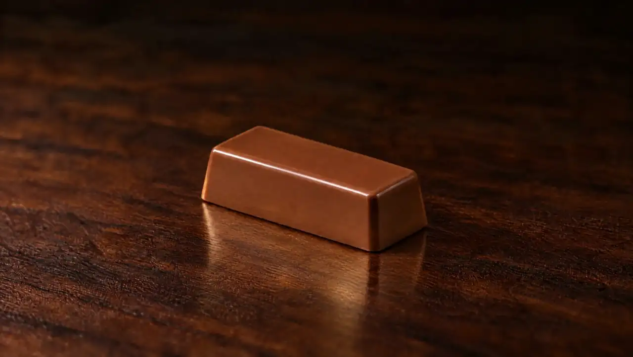 Wrapped Chocolate: Praline chocolate fully wrapped in folded gold foil. The piece is built in front of you: smooth praline piece, then shining gold foil, then fold after fold, then wrapped with care.