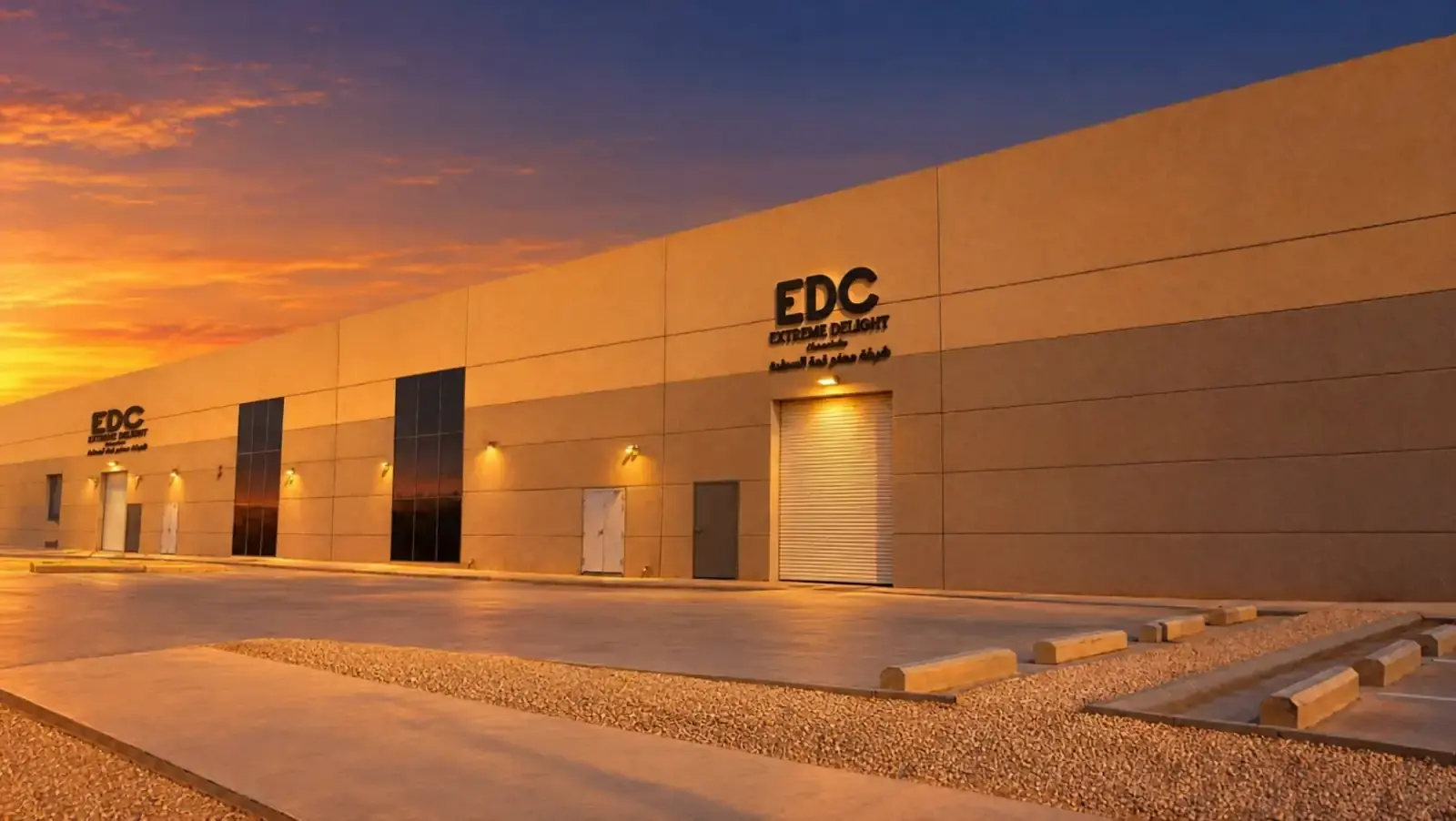 The EDC factory facade in Riyadh at golden hour, pulling back to an aerial view of the factory